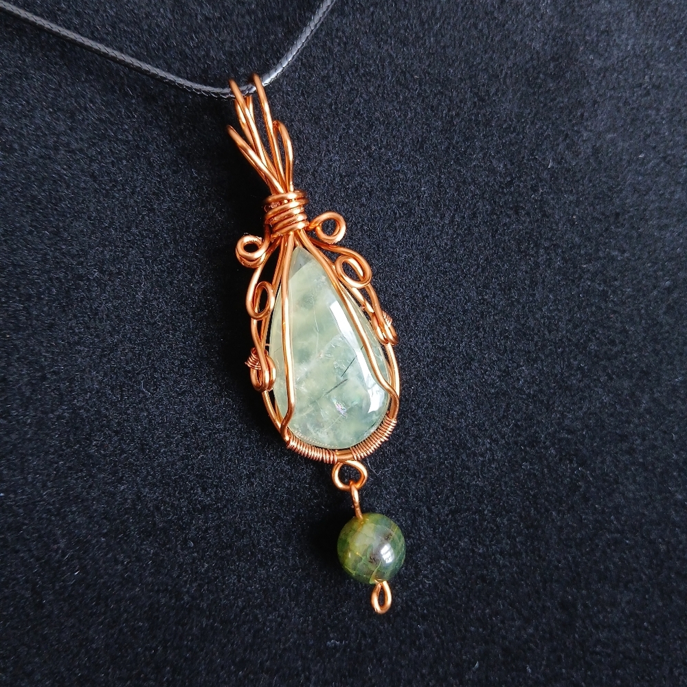 Green prehnite with black epidote inclusions copper wire wrapped necklace new